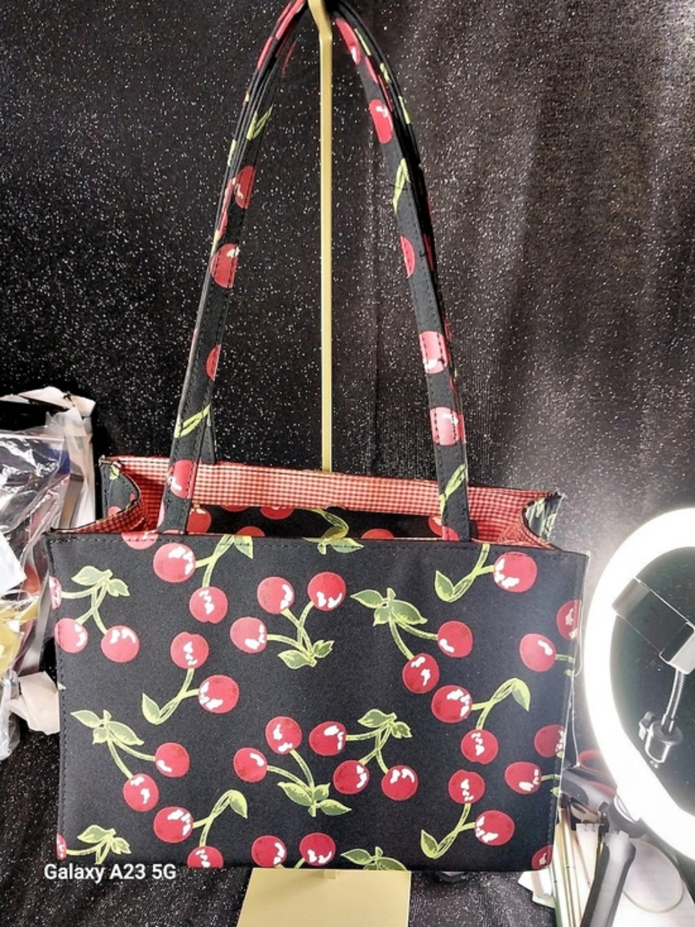 Unbranded Cherry Print Hard Shell Tote in Black & Pink Gold-Tone Hardware